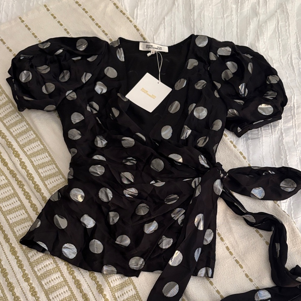 Diane Von Furstenberg Black Wrap Blouse with Silver Dots